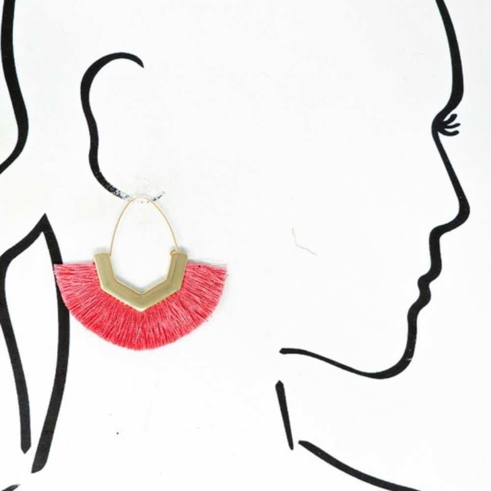 Gold & Coral Boho Fan Tassel Drop Earrings - Picture 2 of 2